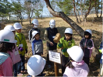 写真、記念植樹の看板を設置する様子