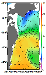 AMSRによる2025年1月2日の房総から道東沖合の海面水温5℃台から20℃台となっている