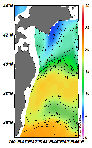 AMSRによる2025年1月6日の房総から道東沖合の海面水温5℃台から20℃台となっている