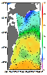 AMSRによる2025年1月9日の房総から道東沖合の海面水温3℃台から20℃台となっている