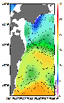 AMSRによる2025年1月11日の房総から道東沖合の海面水温4℃台から20℃台となっている