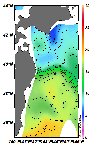 AMSRによる2025年1月21日の房総から道東沖合の海面水温5℃台から19℃台となっている